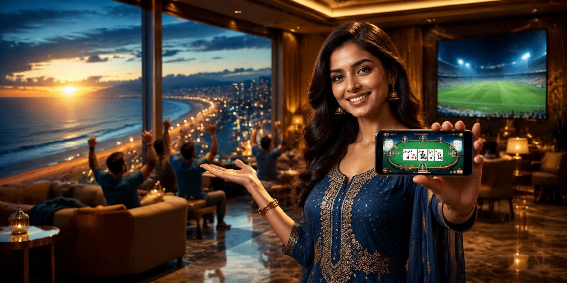 Young woman playing Teen Patti on mobile near Chennai Marina Beach